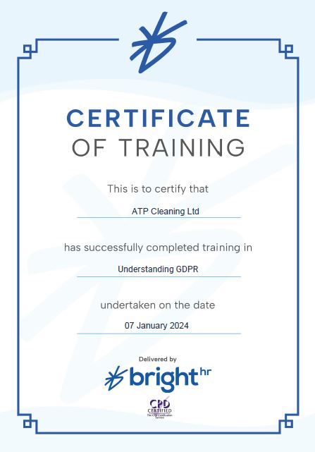 Certificate of training in Understanding GDPR